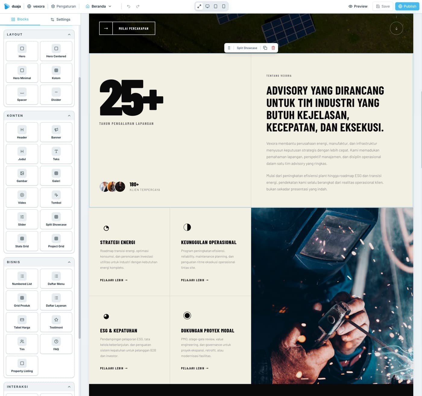 Tampilan real visual builder Duaja